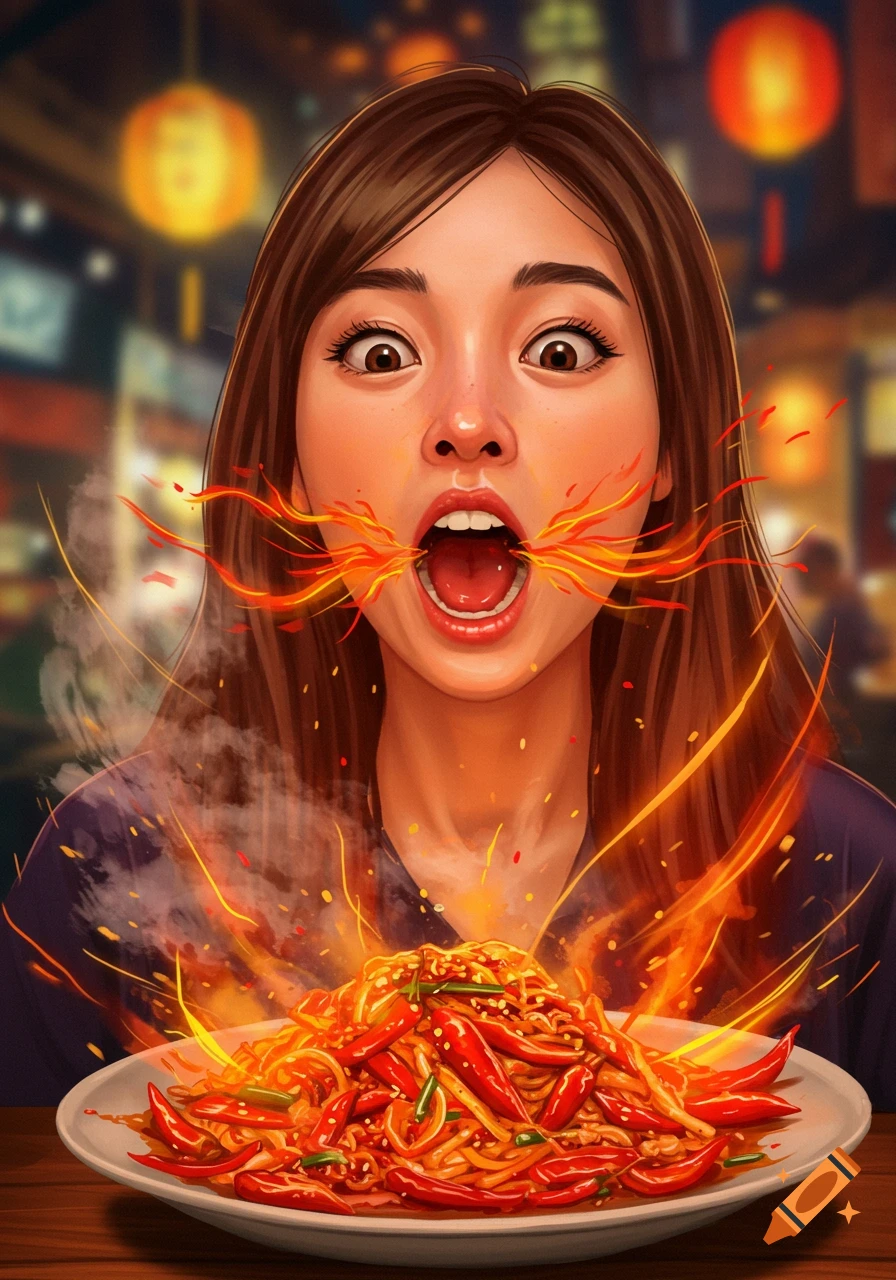 Digital painting of a woman reacting intensely to a plate of fiery spicy noodles, mouth open with stylized flames coming out.