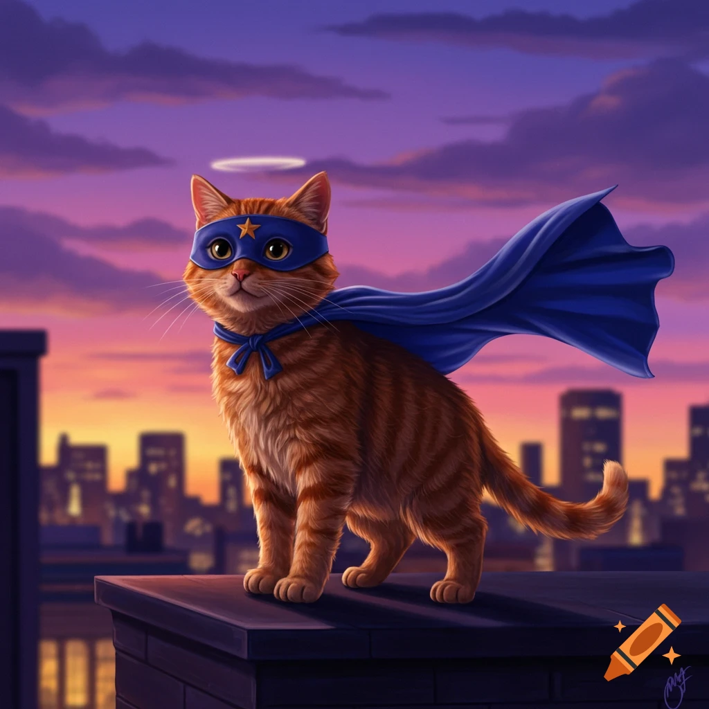 An illustrative orange tabby cat with a blue superhero mask and cape stands on a rooftop overlooking a cityscape at sunset.
