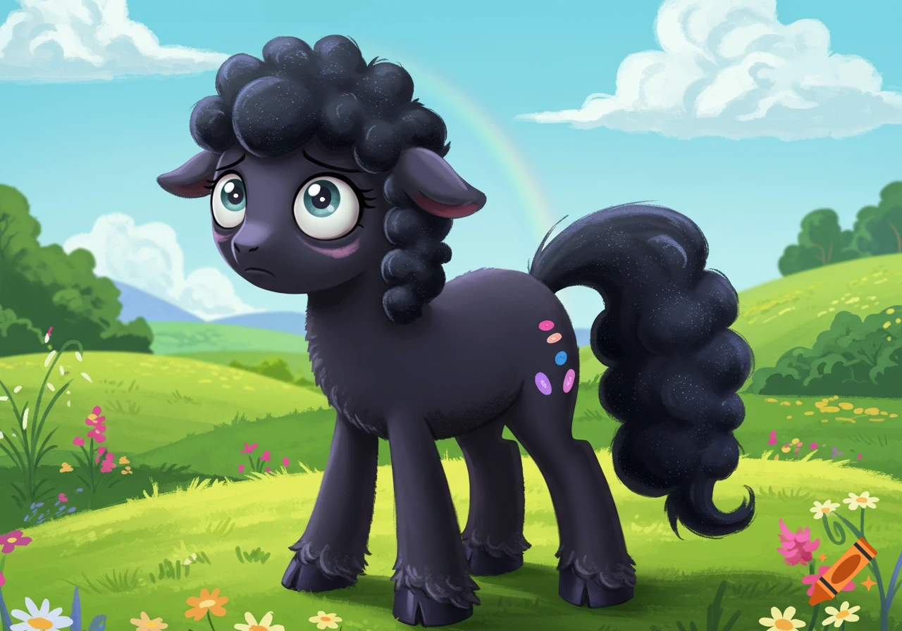 A cartoon black sheep-like pony with curly dark wool and large sad eyes stands in a vibrant green field with a rainbow in the background.