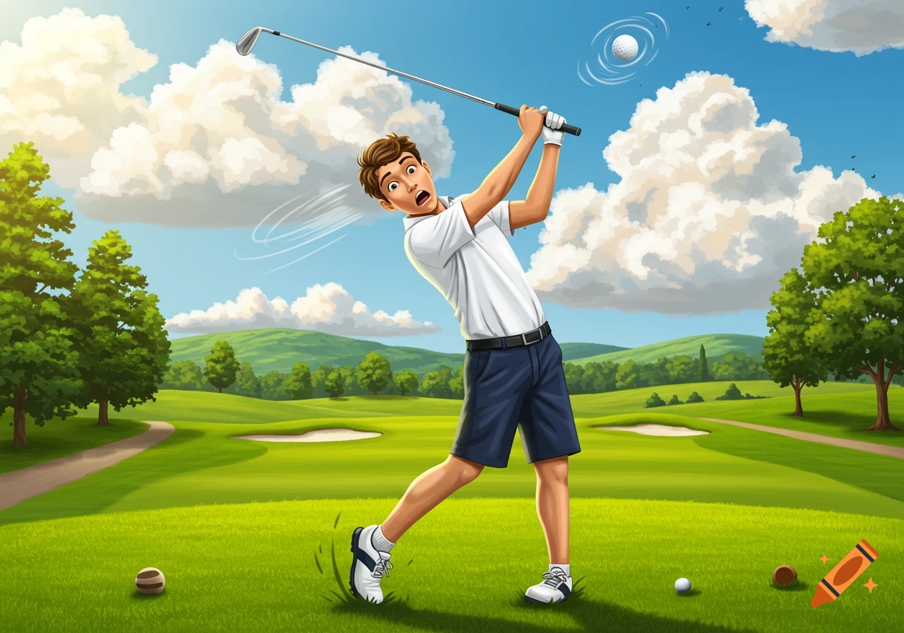 A cartoon man in a white shirt and blue shorts swings a golf club on a green course, looking shocked as a golf ball flies towards his head.