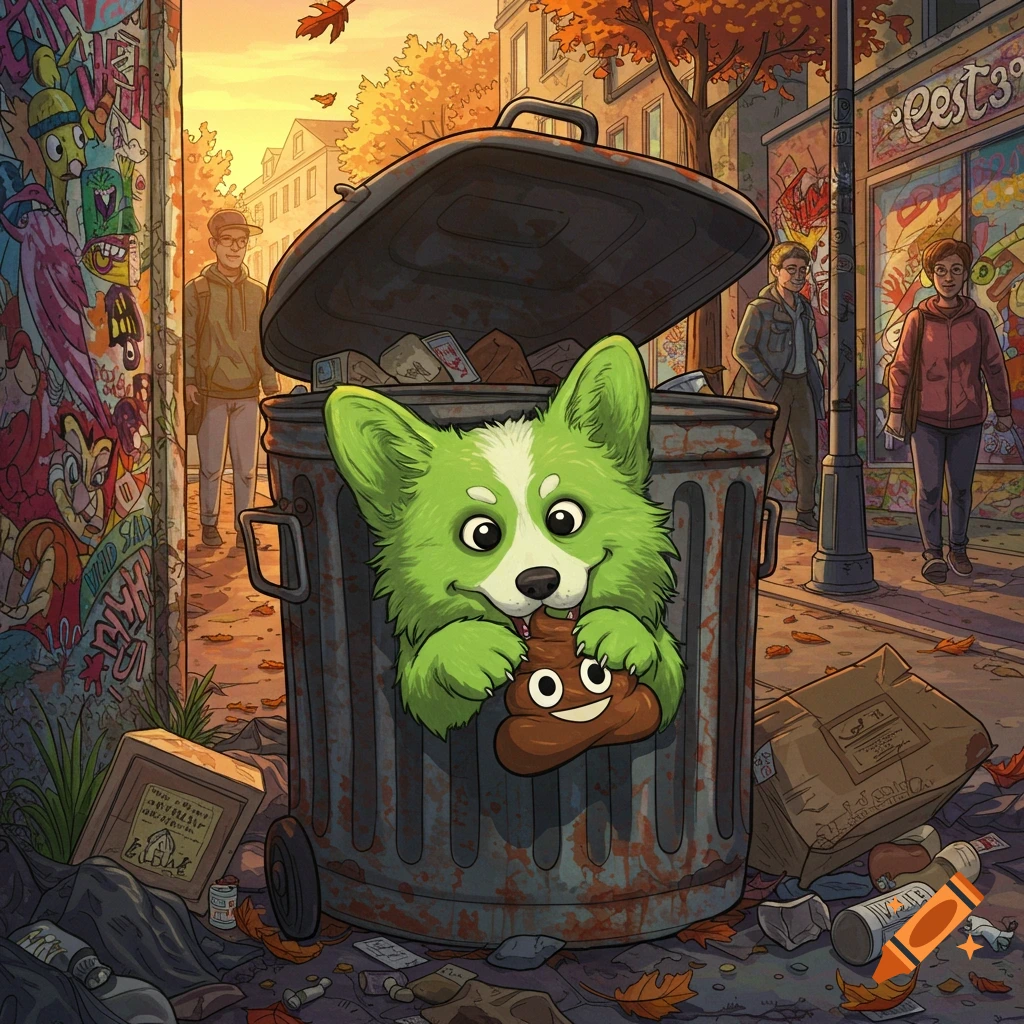A cartoon green and white corgi dog with a happy expression peeks out of a trash can, holding a smiling pile of poop in its mouth. The background is a vibrant cartoon street scene with graffiti and autumn leaves.