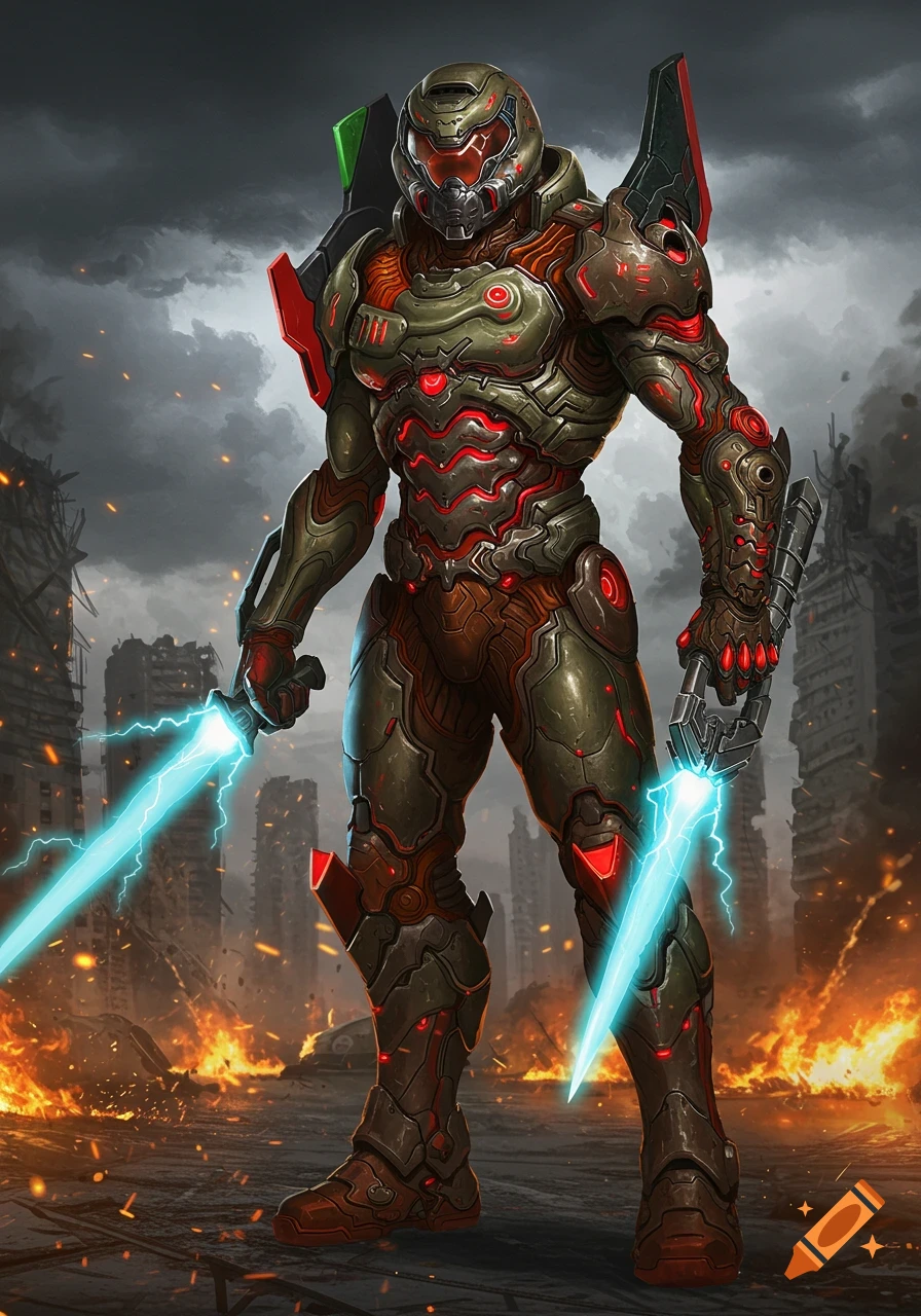 A futuristic armored warrior, resembling Doom Slayer, stands with two glowing energy swords in a burning ruined city.