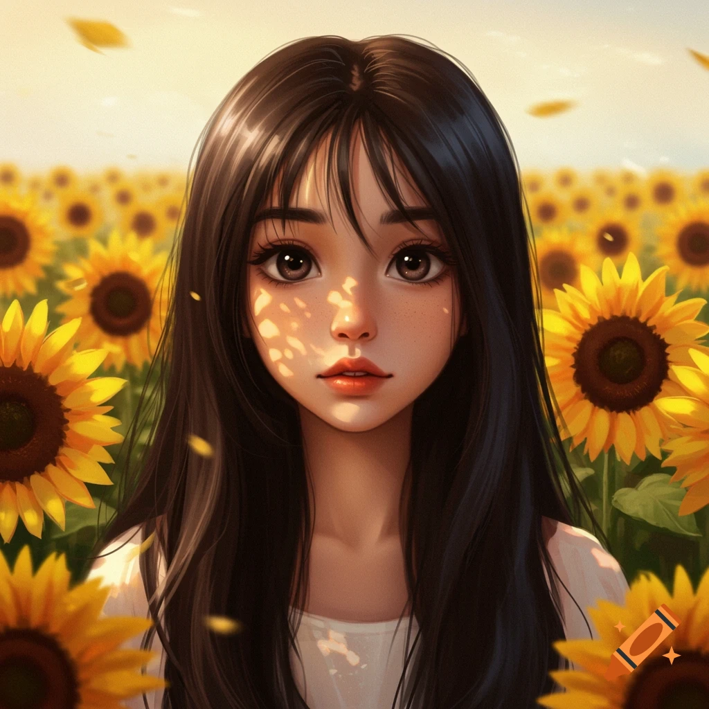 A stylized young girl with long black hair stands in a sunny field of sunflowers, dappled light on her face.