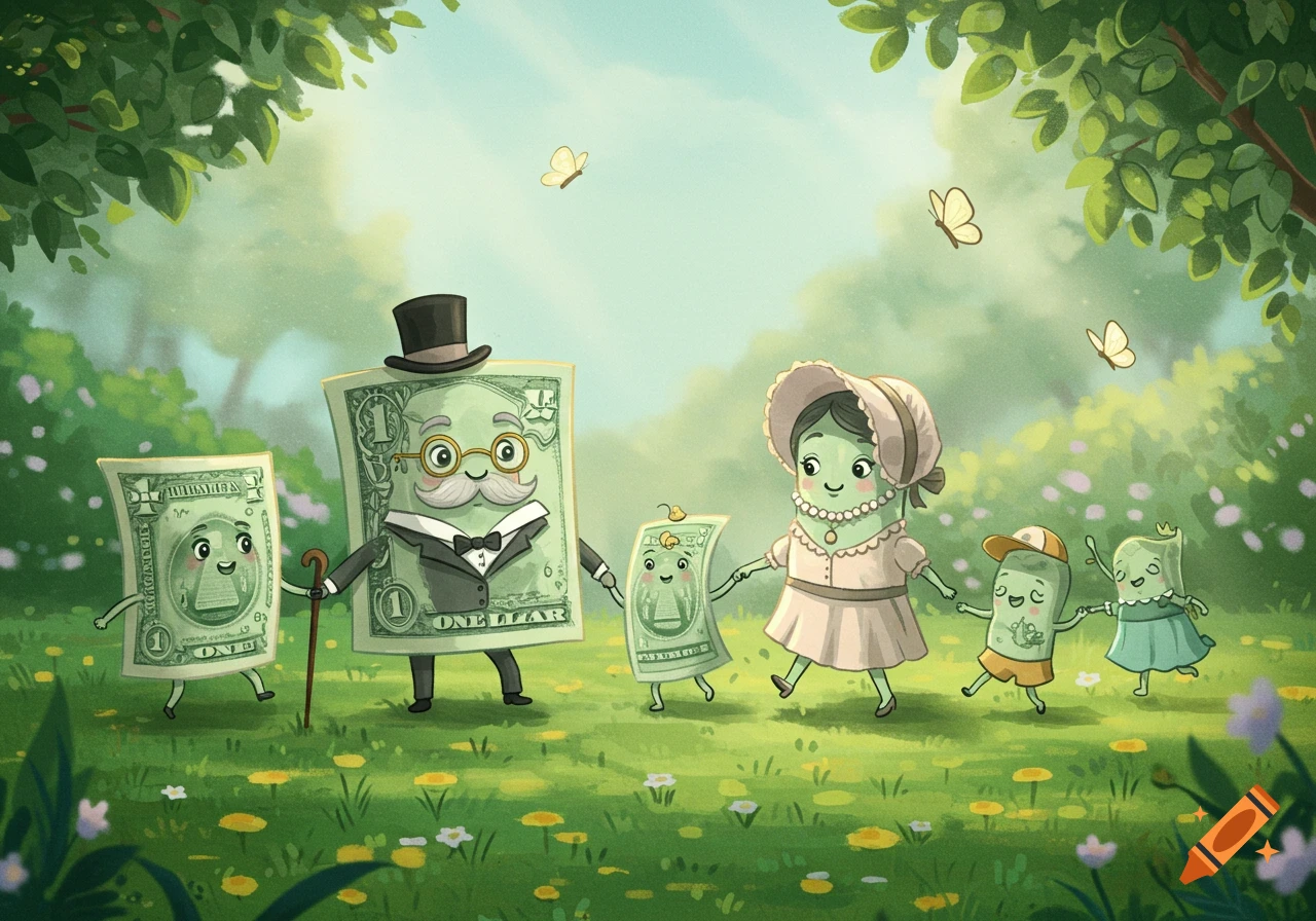 Cartoon illustration of an anthropomorphic dollar bill family walking in a sunny, grassy field with butterflies.