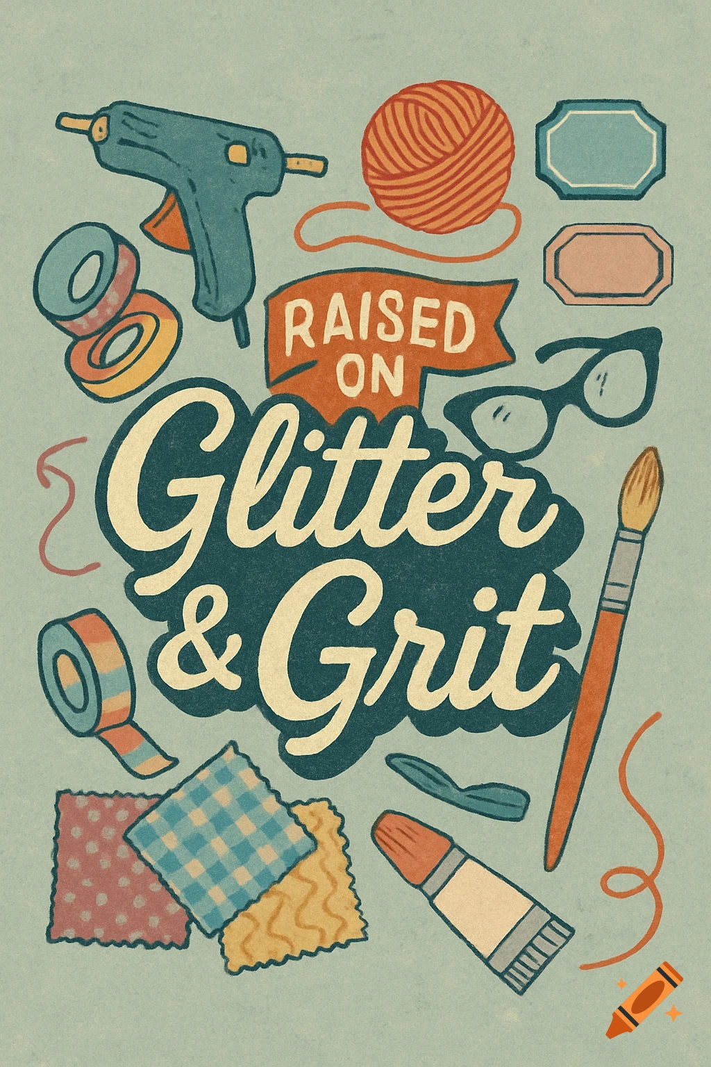 Retro, hand-drawn illustration of craft supplies including a glue gun, yarn, fabric, and paint, surrounding the text 'Raised on Glitter & Grit'.