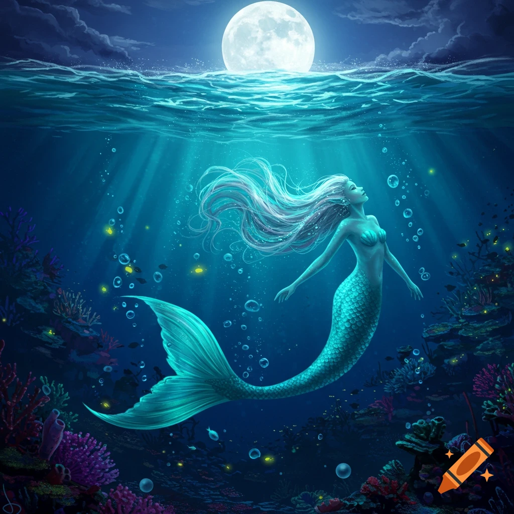 A fantastical mermaid floats in deep blue water under a bright full moon shining through the surface, surrounded by coral.