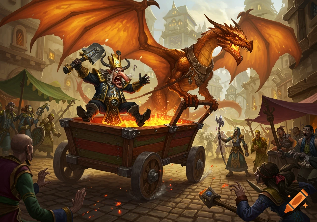 A frenzied goblin riding a fiery cart pulled by a harnessed dragon through a crowded fantasy market street.