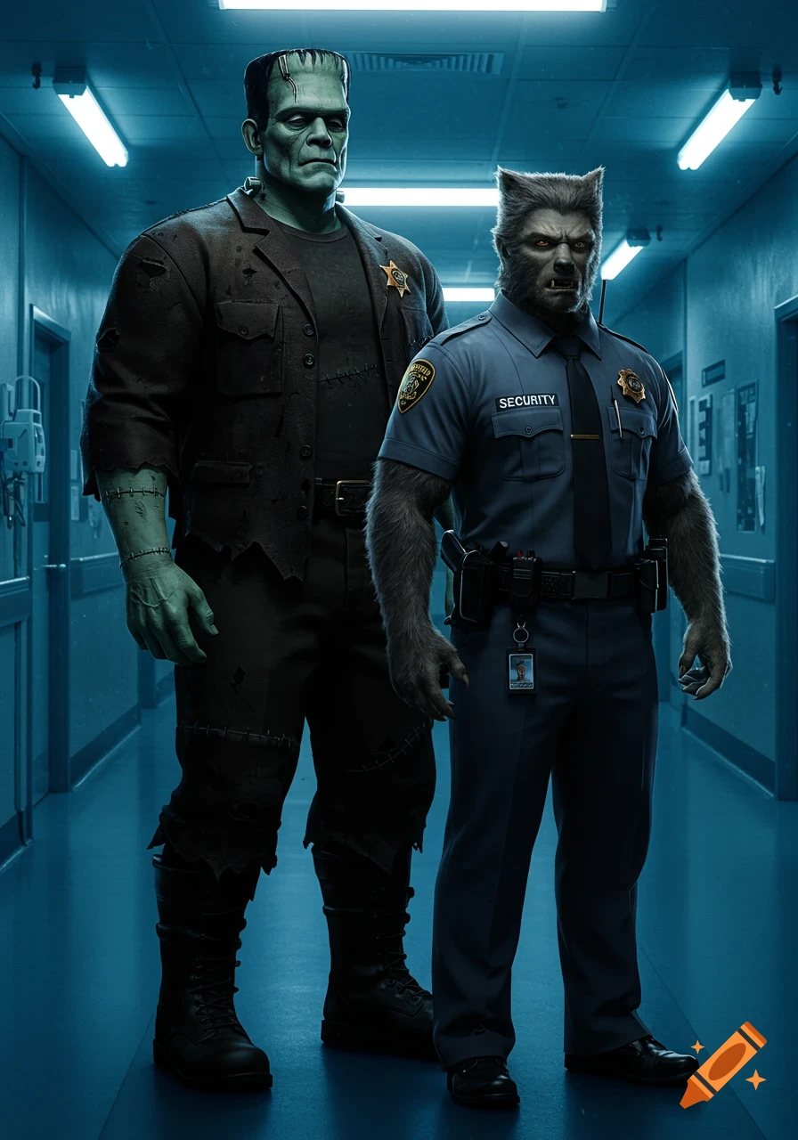 Frankenstein's monster and a werewolf security guard stand in a blue-lit hospital corridor, photorealistic style.