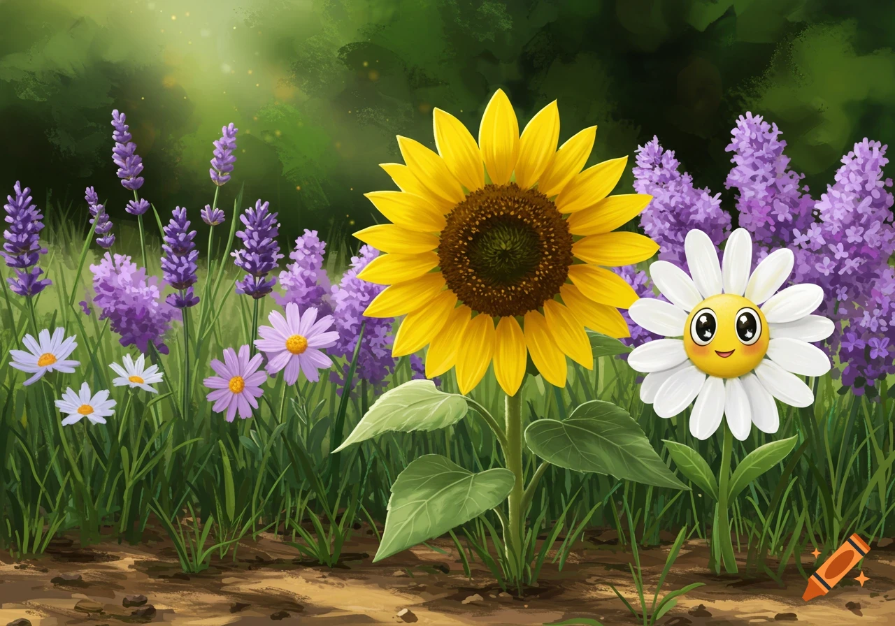 A cheerful daisy with a cartoon face next to a sunflower in a vibrant field of lavender and other flowers.