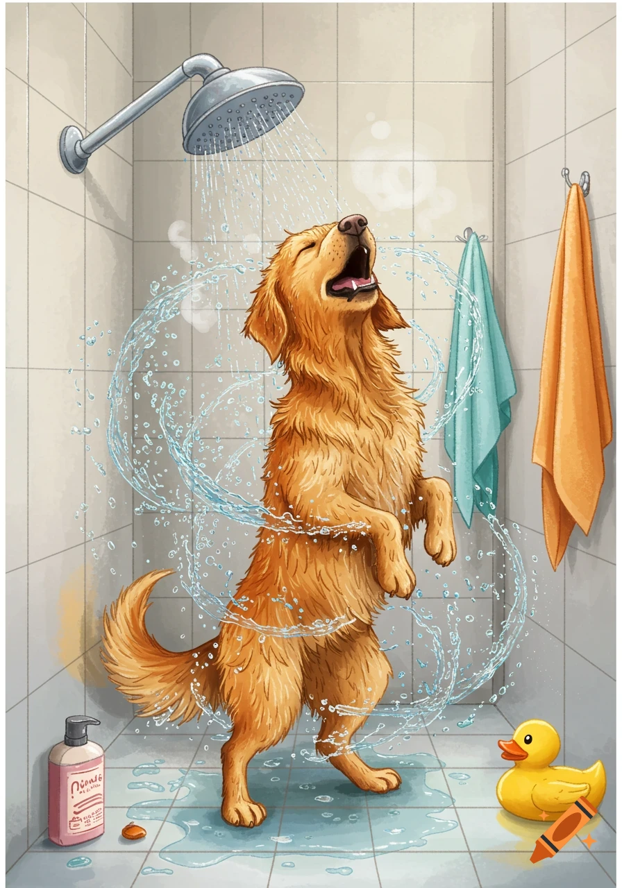 An animated golden retriever stands on its hind legs in a shower, mouth open as if singing, with water splashing. A rubber duck is on the floor.
