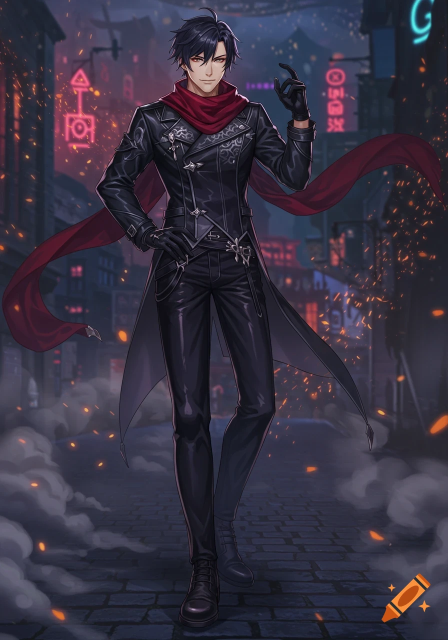 An anime-style male character with black hair and red eyes, wearing a black leather coat and pants, and a red scarf, stands on a cobblestone street at night with neon signs and sparks in the background.