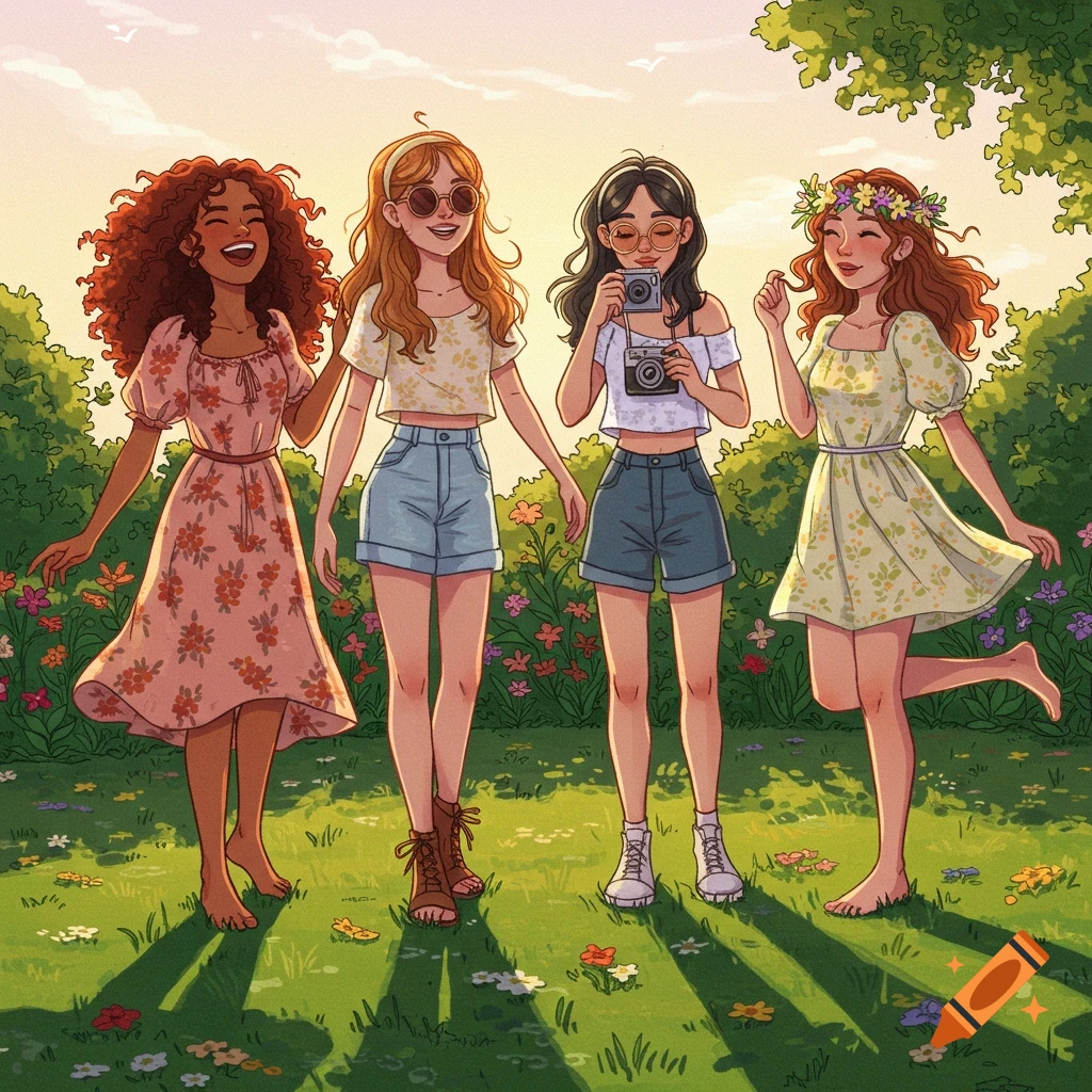 Four diverse young women smiling and walking through a sunny, flower-filled park in an illustration style.