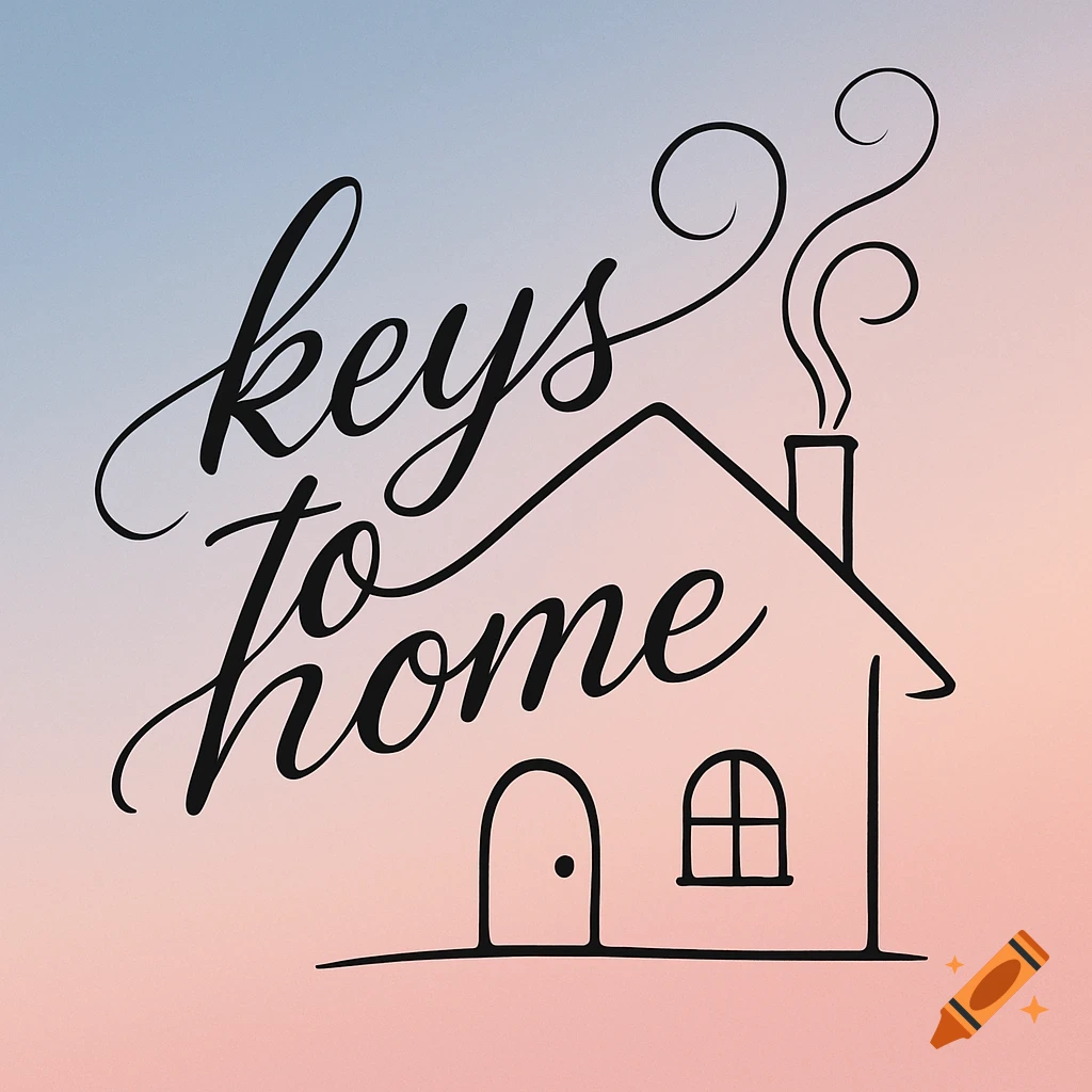 Calligraphic black text 'keys to home' intertwined with a simple house outline on a blue to pink gradient background.