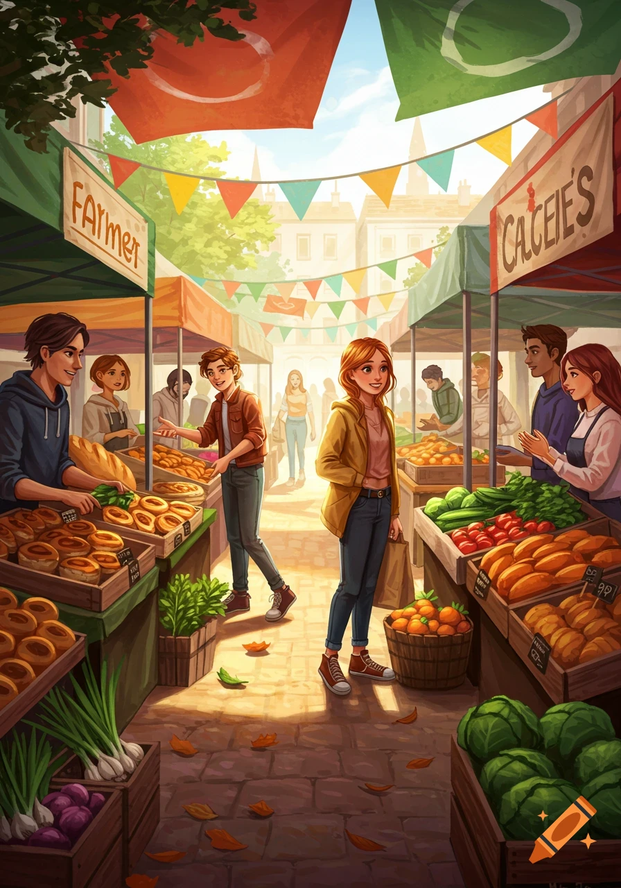 A colorful illustration of a busy farmers market with vendors selling produce and baked goods under various stalls.
