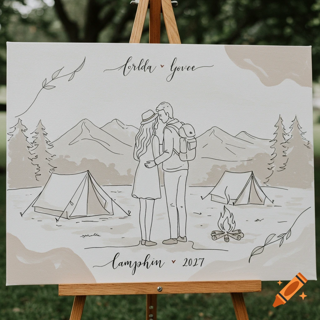 A line art illustration on a canvas showing a couple embracing in a camping scene with tents, a campfire, mountains, and text "brlda & govee" and "Camphin 2027".
