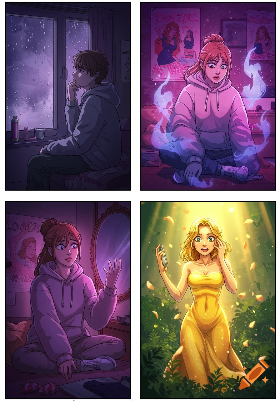 A four-panel webtoon comic showing a man transforming into a woman, then into a glamorous model. The first panel shows a sad man looking out a rainy window. The second and third show a surprised woman in a hoodie. The fourth shows a happy, surprised blonde woman in a yellow dress in a forest.