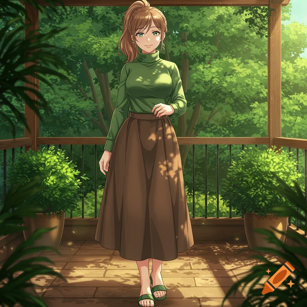 An anime woman with brown hair in a ponytail, green eyes, green turtleneck, and brown skirt stands on a wooden balcony surrounded by lush green plants.