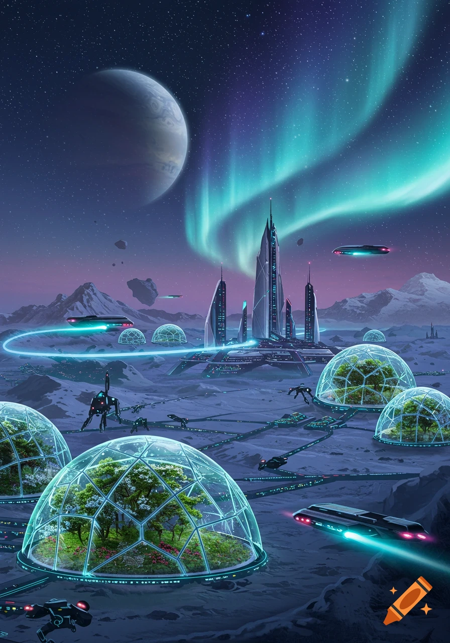 Futuristic city on a frozen alien planet under a vibrant aurora and large moon, featuring glowing skyscrapers, domed biomes, and flying vehicles.
