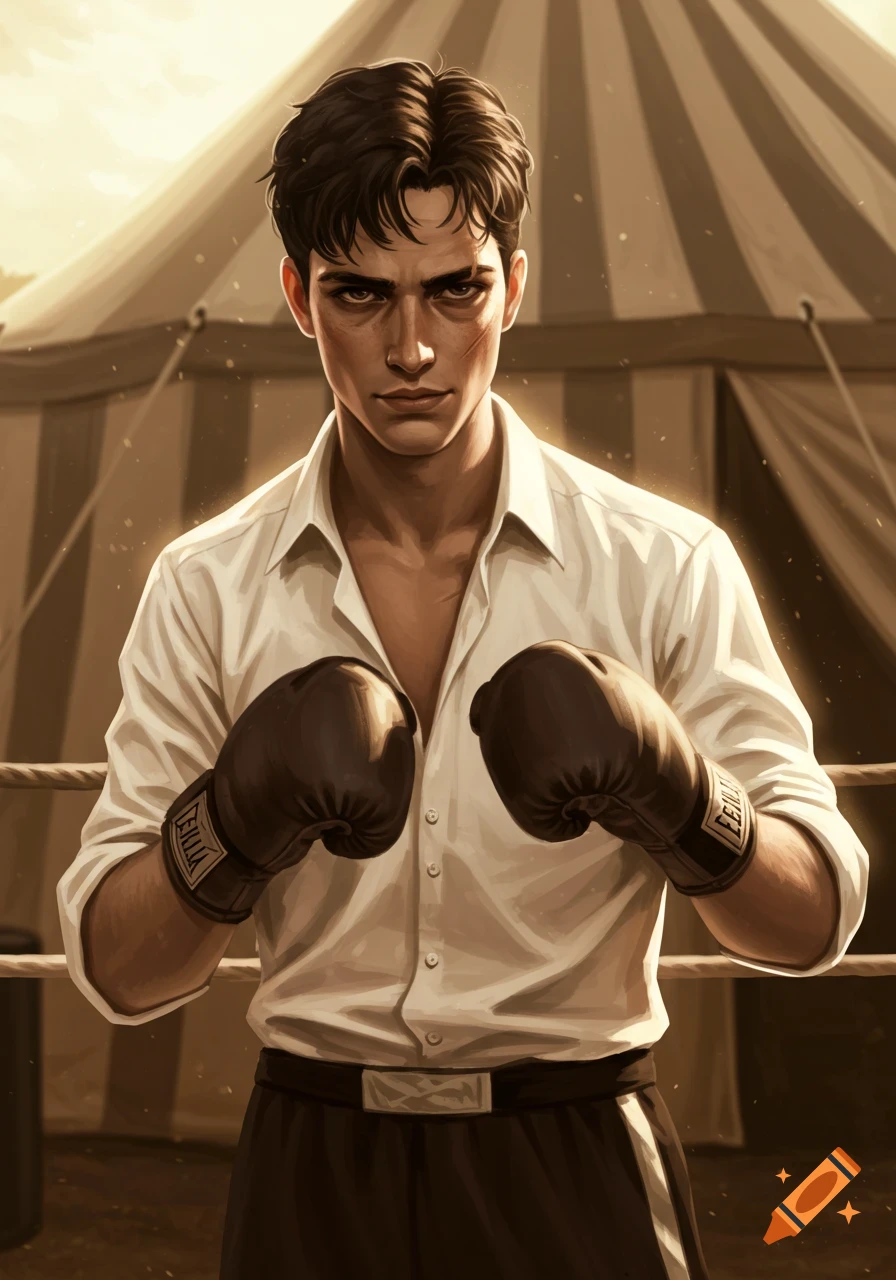 A determined young boxer in a white shirt and dark boxing gloves stands in front of a striped tent in an old photo style.