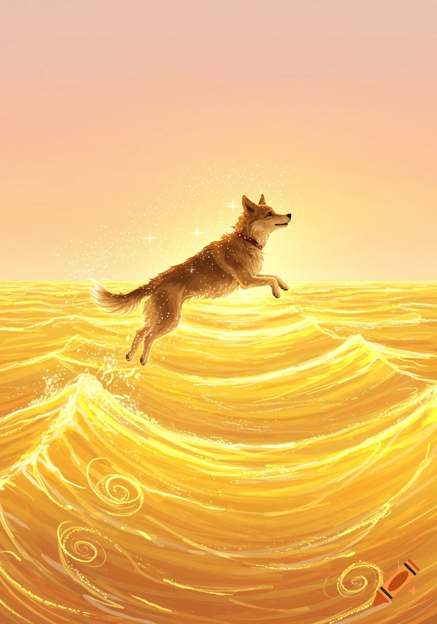 An illustrative brown dog leaps with glowing sparks over a golden, swirling ocean under an orange sky.