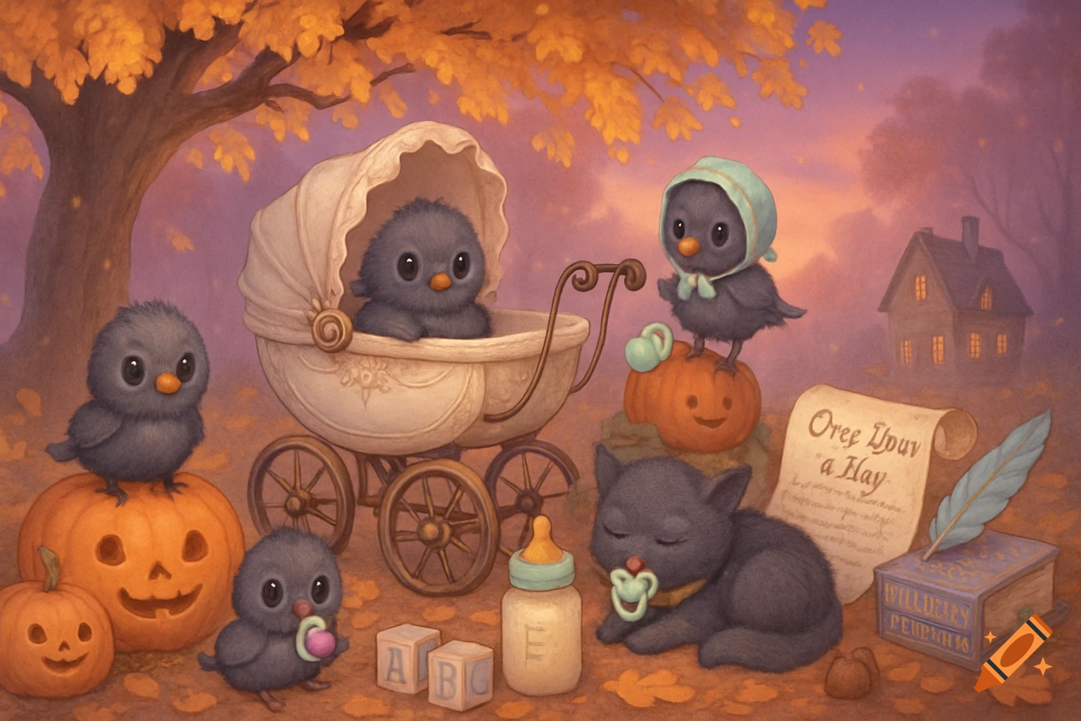 An illustration of fluffy baby ravens and a black kitten with pacifiers in a whimsical autumn forest with pumpkins, a baby carriage, and fall leaves.