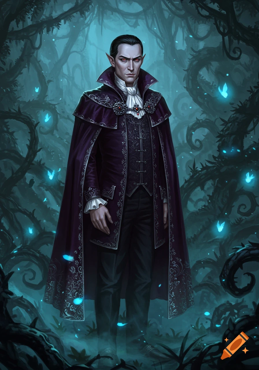 A prim vampire-like man with red eyes and pointed ears in an ornate dark purple suit, stands in a dark fantasy forest.