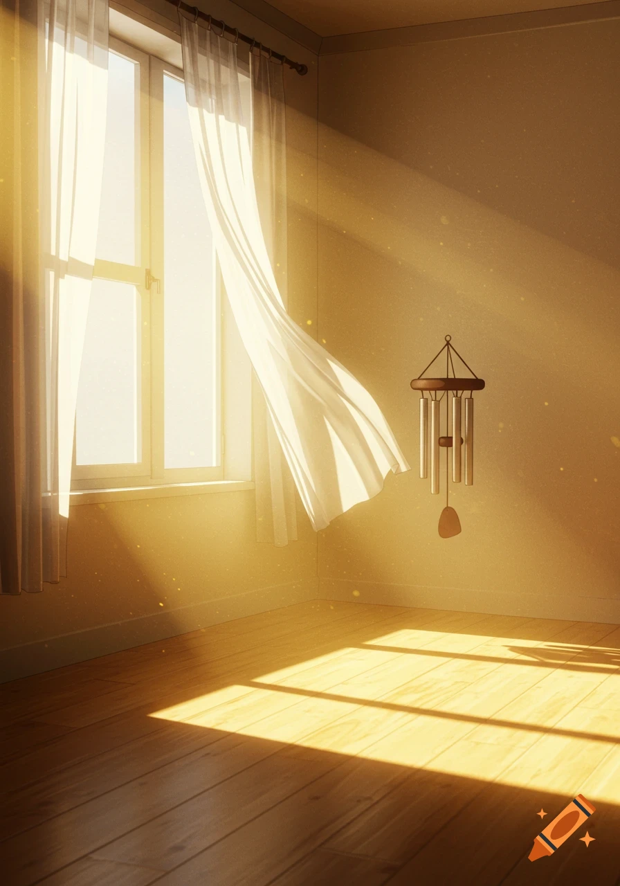 Sunlit room with white curtains fluttering in the breeze, a wind chime hangs on the wall, and golden light spills onto the wooden floor.