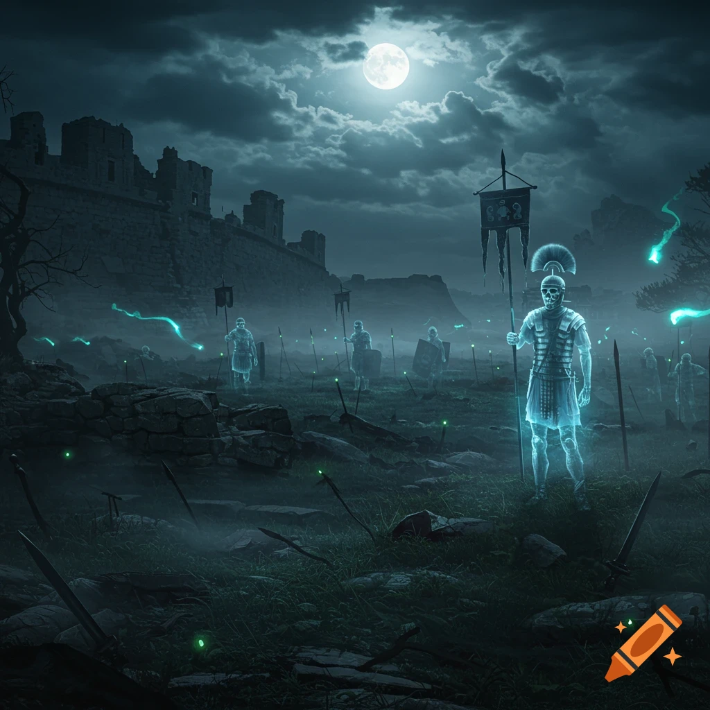 Ghostly Roman soldiers stand on a misty, moonlit battlefield with a castle wall in the background, in a dark fantasy art style.