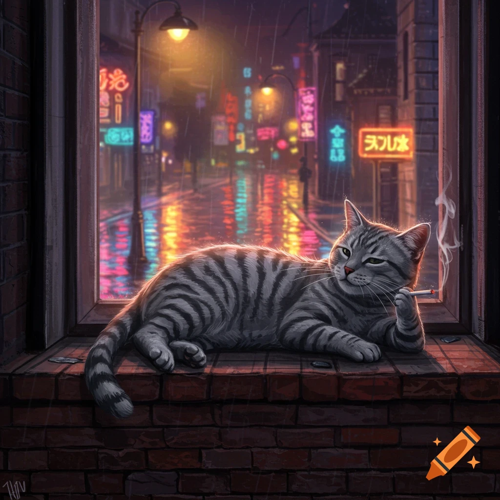 A grey tabby cat reclines on a brick window ledge, smoking a cigarette, looking out at a rainy, neon-lit city street at night.