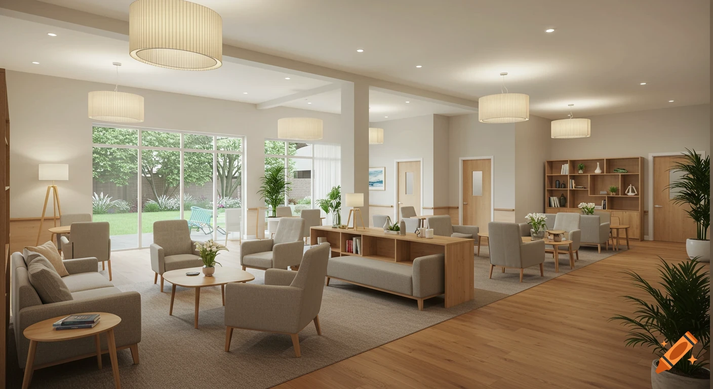 Wide view of a modern aged care facility lobby with comfortable seating areas, wooden bookshelves, and large windows overlooking a lush garden.