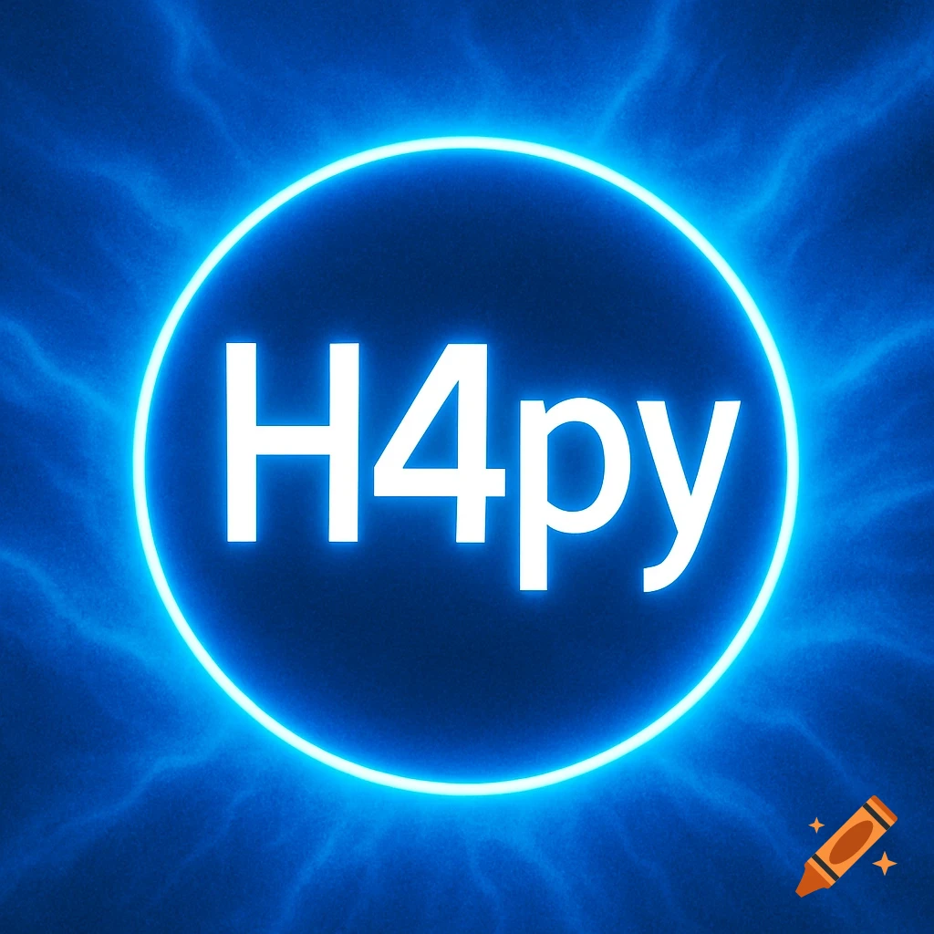 A neon blue circle with a bright blue glow, containing the white text "H4py" in the center. The background is a darker blue with a subtle energy effect.