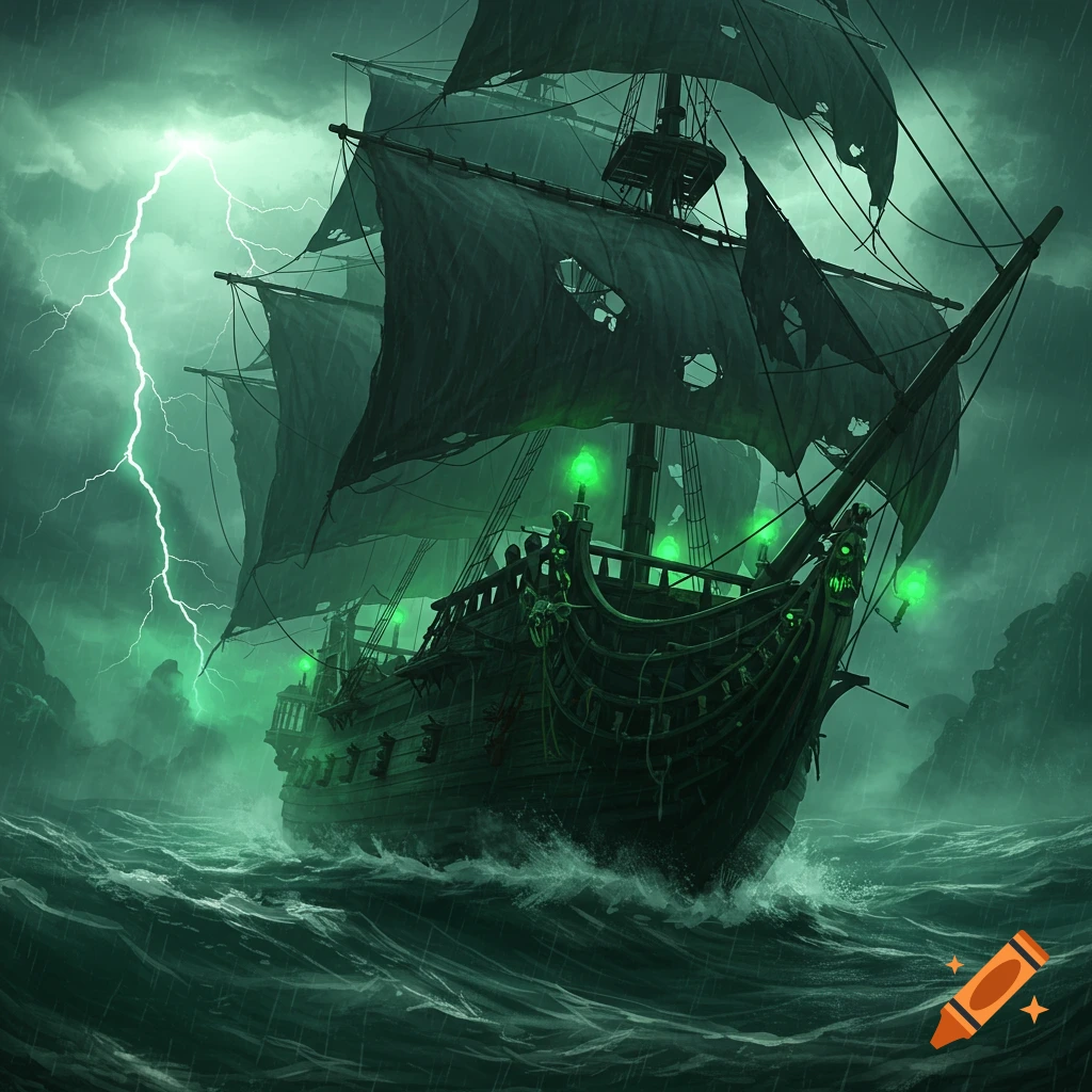 Ominous pirate ship with tattered sails and green glowing lights sailing through a stormy sea with lightning in a fantasy art style.