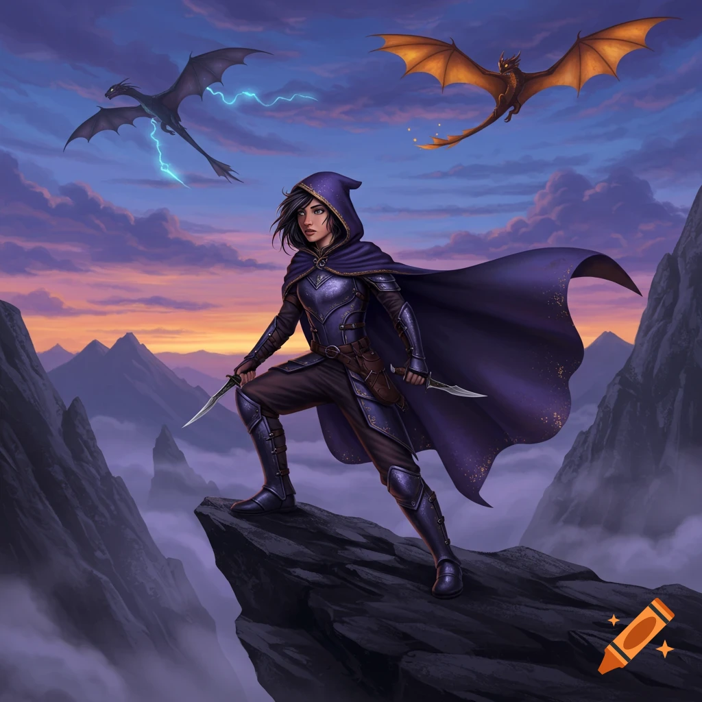A female dragon rider in dark armor and a cloak stands on a cliff at sunset with two dragons flying in the sky.