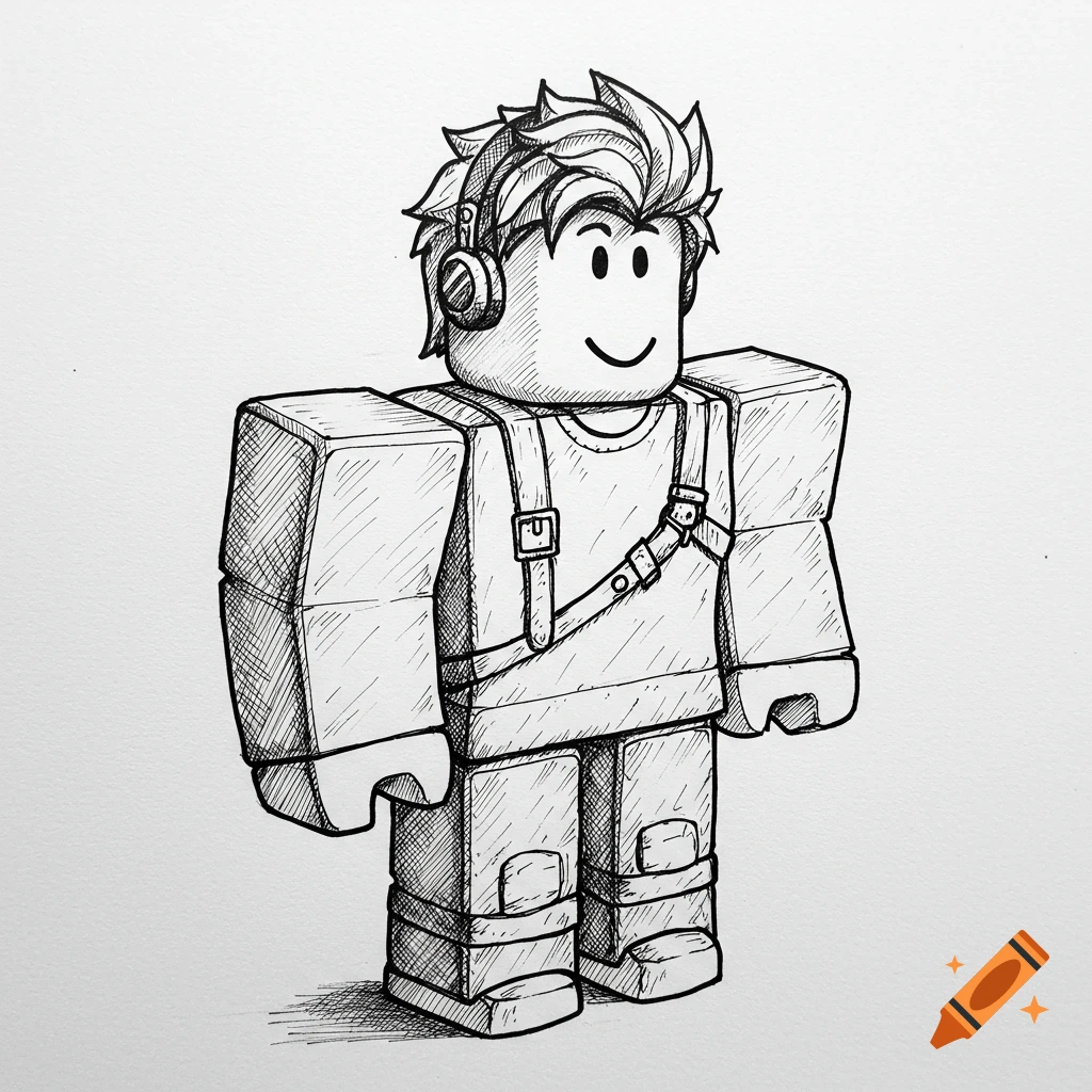 Black and white pen sketch of a Roblox avatar character with spiky hair, headphones, and a satchel.