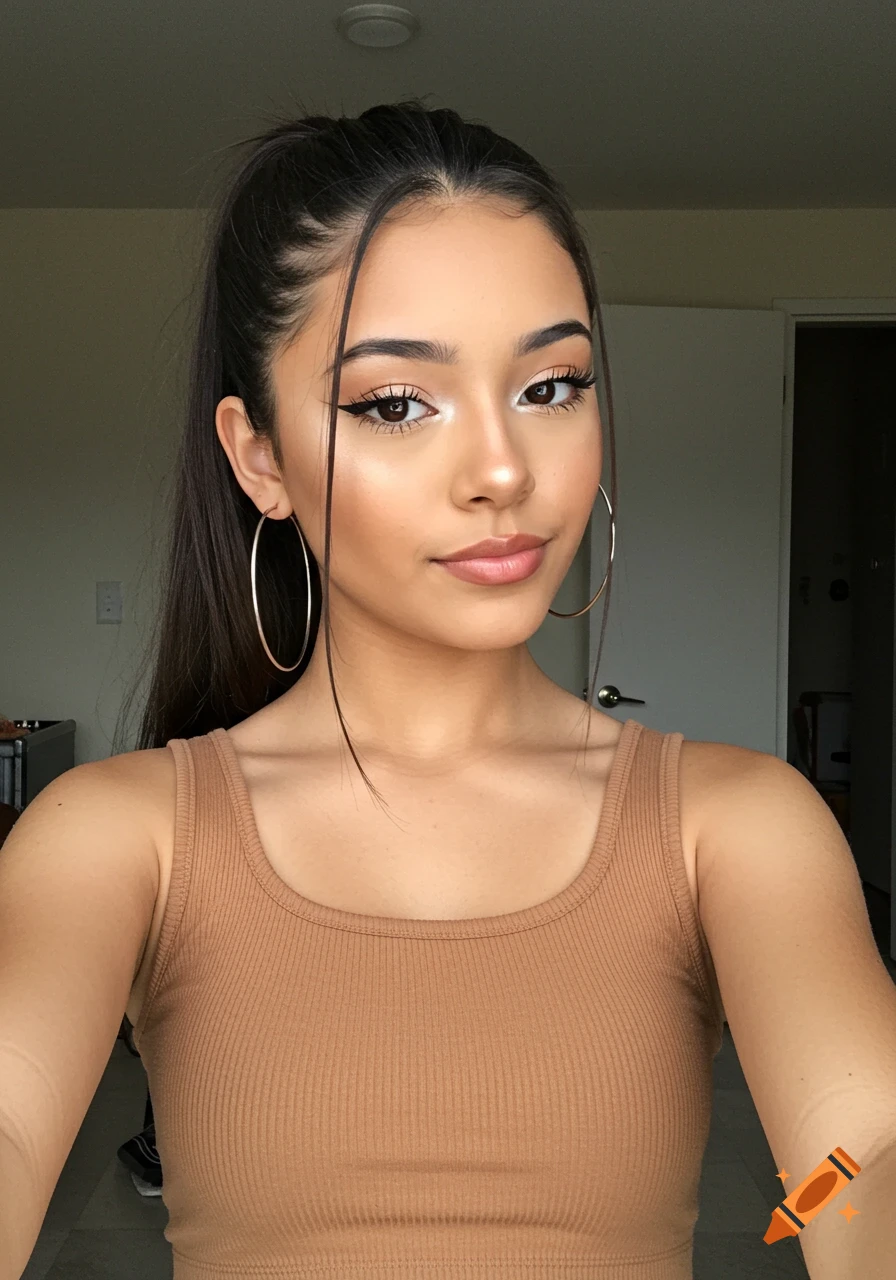 A beautiful Hispanic woman with a ponytail and hoop earrings takes a selfie, wearing a brown ribbed crop top.