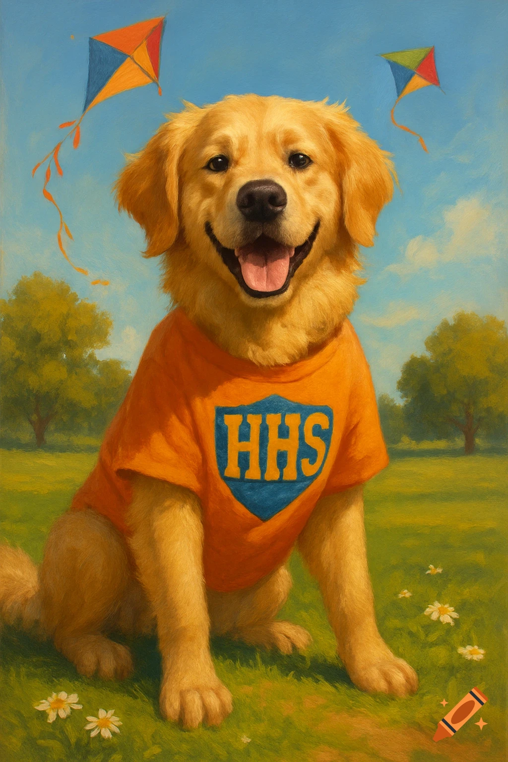 A happy golden retriever wearing an orange HHS shirt sits in a grassy field under a blue sky with kites, in a painterly style.