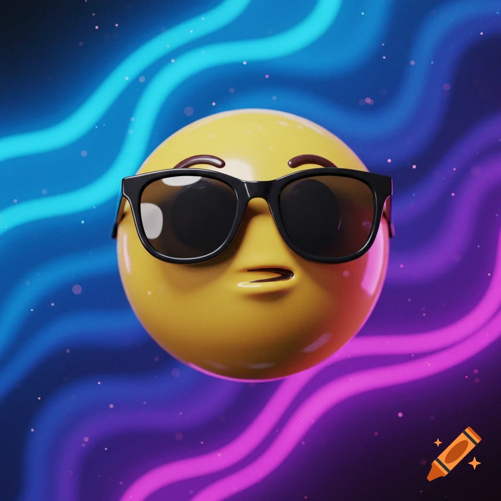 A 3D rendering of a yellow emoji face wearing black sunglasses, against a swirling blue and pink neon background with small glowing particles.
