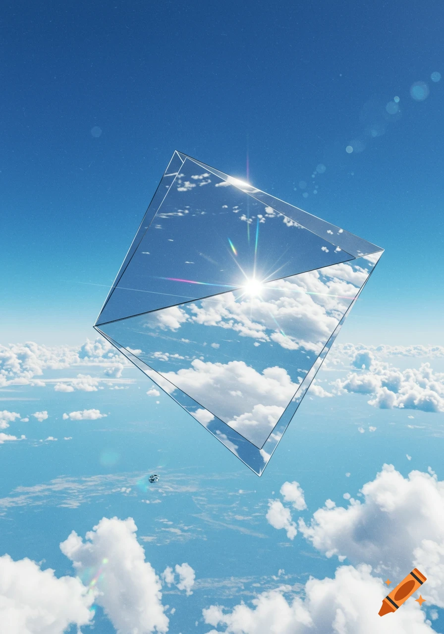 A mirrored geometric object, resembling a prism or parallelogram, floats in a bright blue sky with white clouds, reflecting the sun.