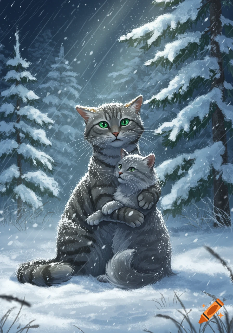 An illustrated tabby cat gently hugs a smaller gray cat in a snowy forest during a snow storm, with snow falling.