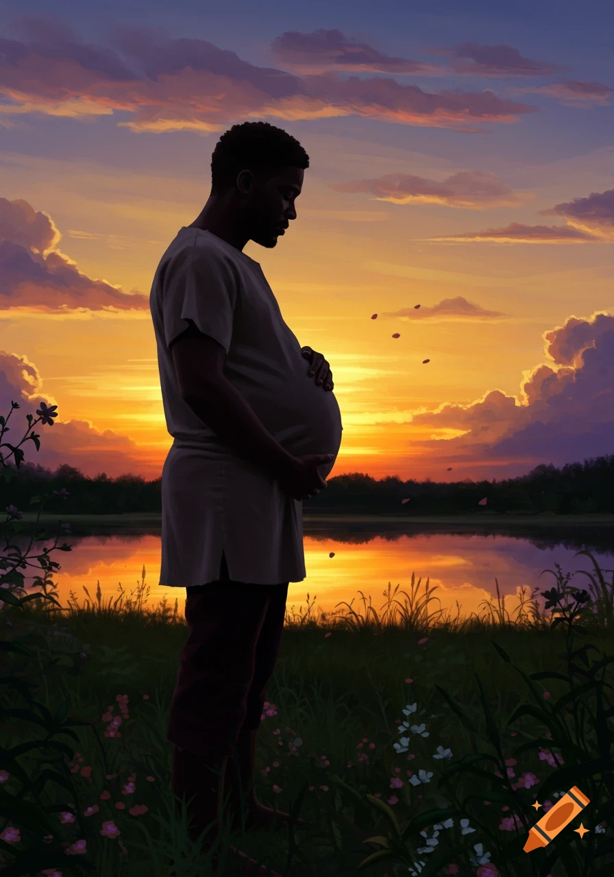 A silhouette of a pregnant man holding his belly by a lake at sunset.