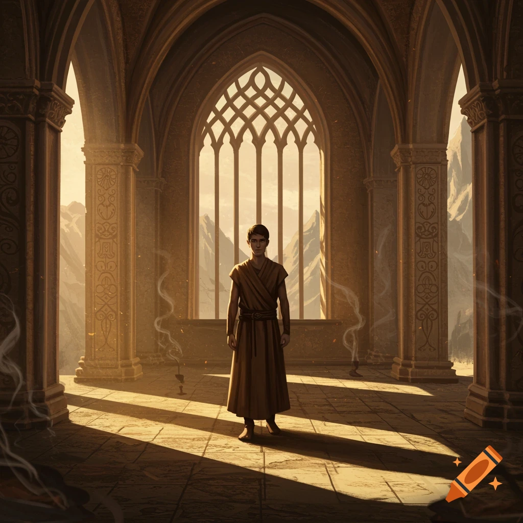A young man in a brown robe stands in a grand, sunlit stone hall with arched windows looking out to mountains.