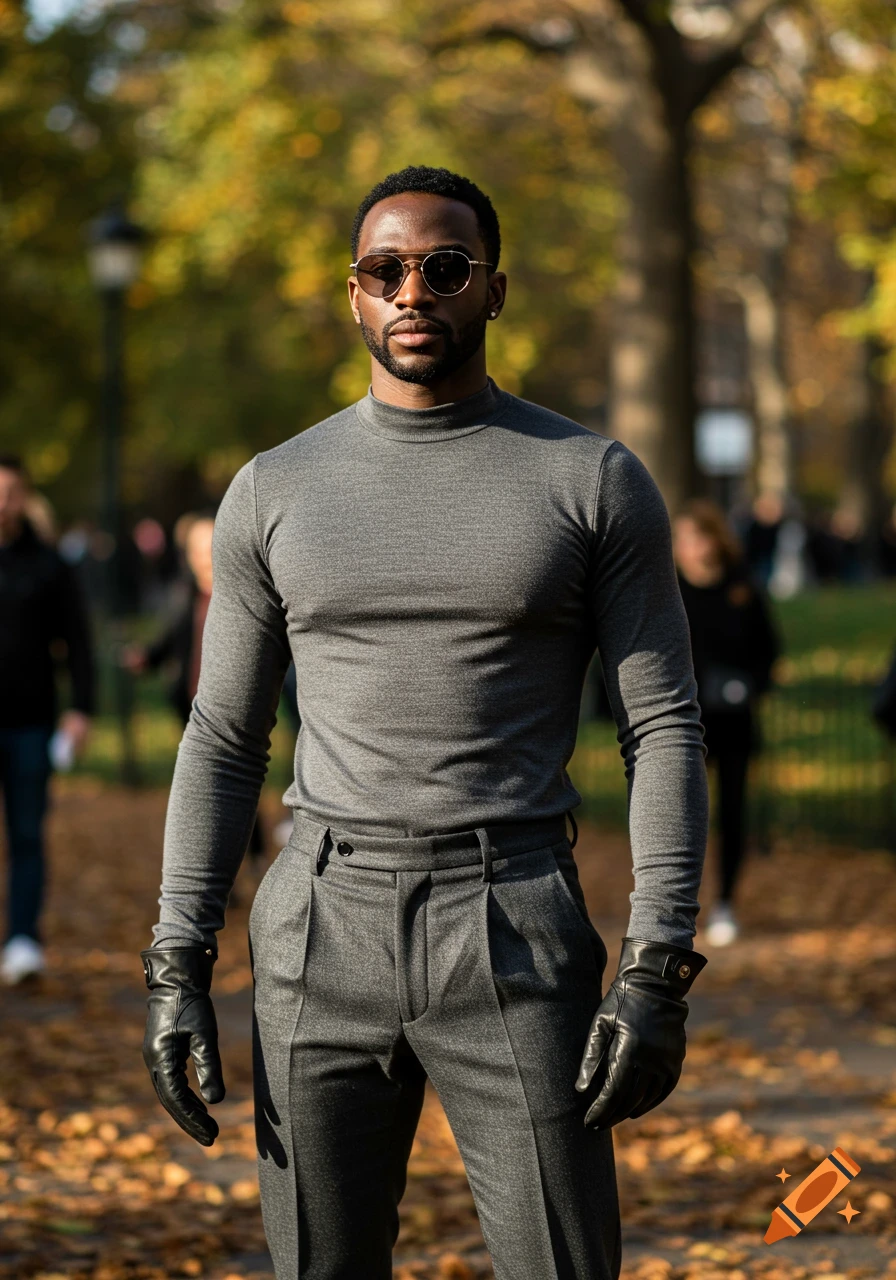 A fashionable man in a grey turtleneck, grey pants, and black gloves, wearing sunglasses, stands in an autumn park.