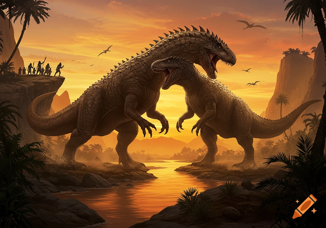 Two large dinosaurs face each other near a river as humans watch from a cliff at sunset in a prehistoric landscape.