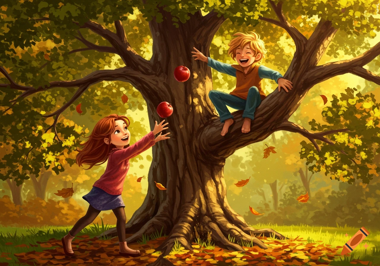 A cartoon illustration of a girl reaching for apples falling from a tree where a boy sits laughing, set in autumn.