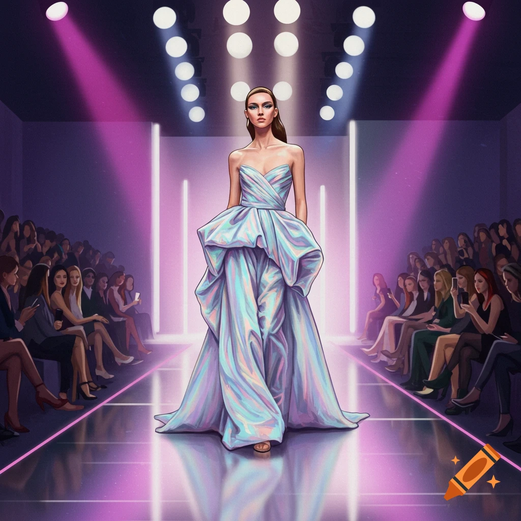 Stylized illustration of a female model in a flowing iridescent gown walking on a runway under bright pink and white spotlights.