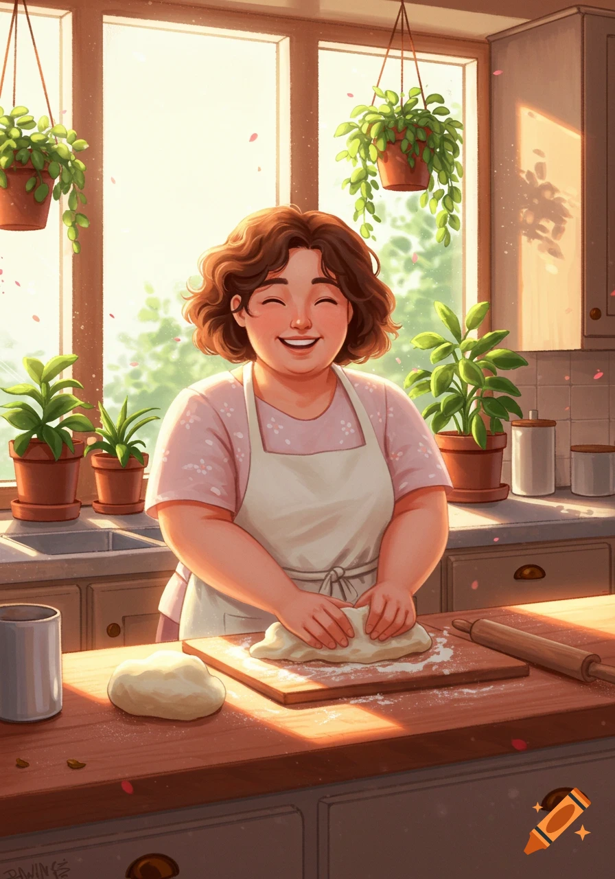 Illustrated happy woman kneading dough in a sunlit kitchen.
