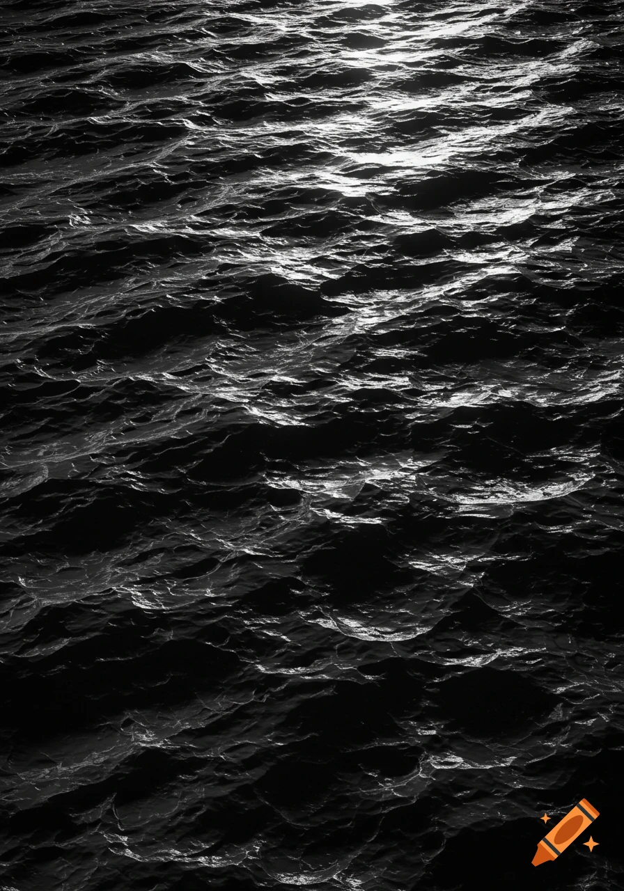 Dark, rippling water in black and white with shimmering light reflecting on the surface.