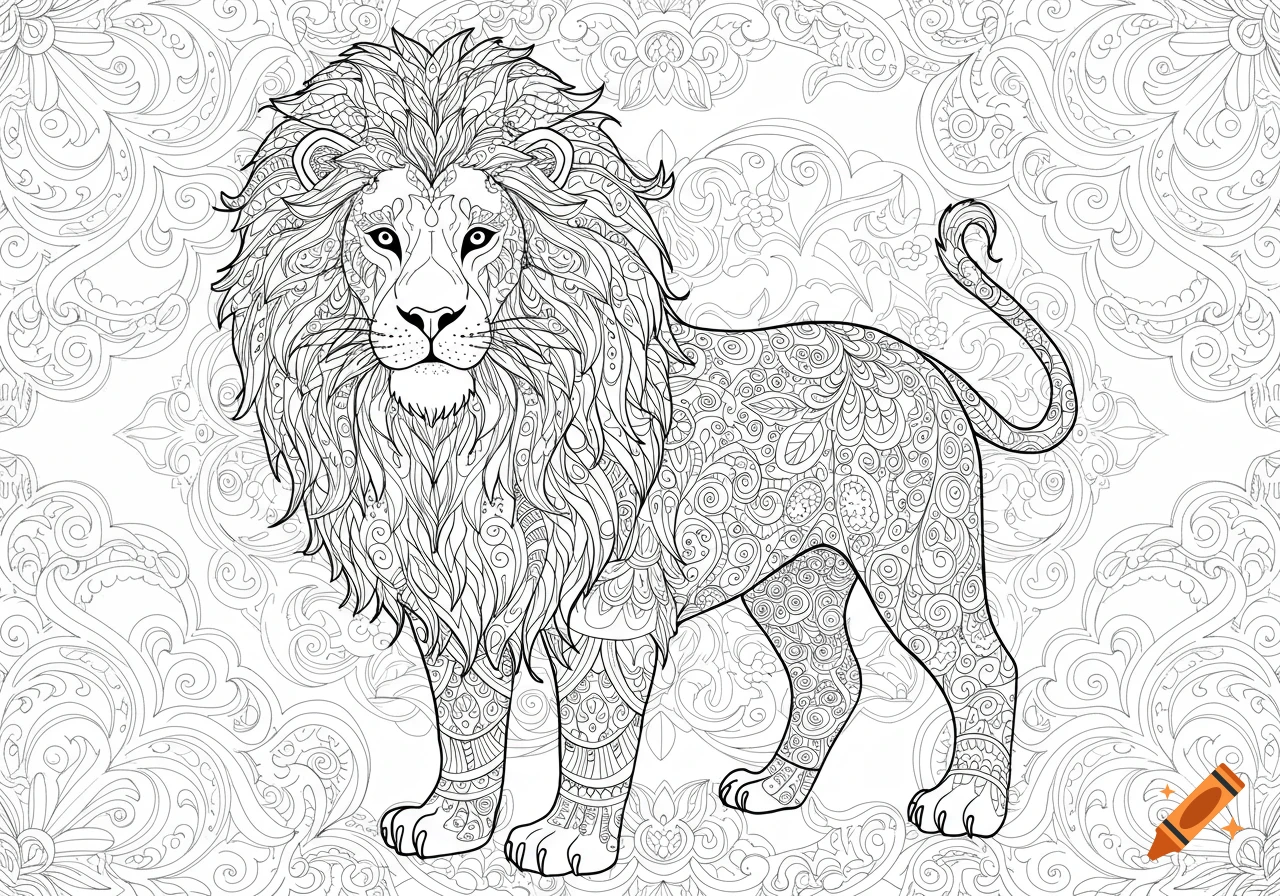 Black and white line art coloring page of a lion with intricate mandala patterns.