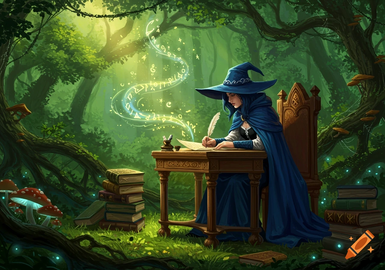 A mysterious witch in a blue cloak and hat writes at a wooden desk in a lush, magical forest, with glowing runes appearing.