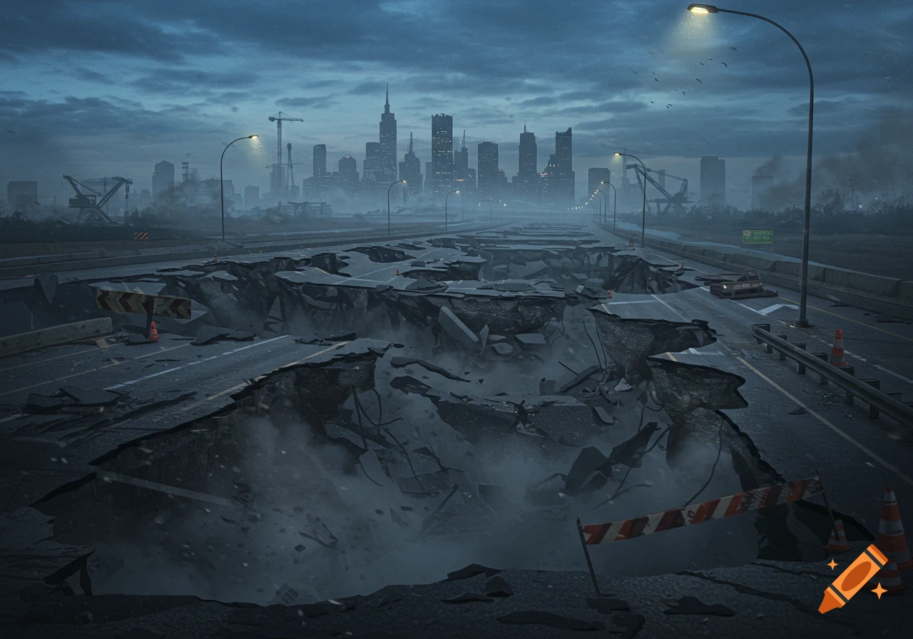 A severely cracked and broken freeway with deep chasms leading to a distant city skyline under a dark, moody sky.